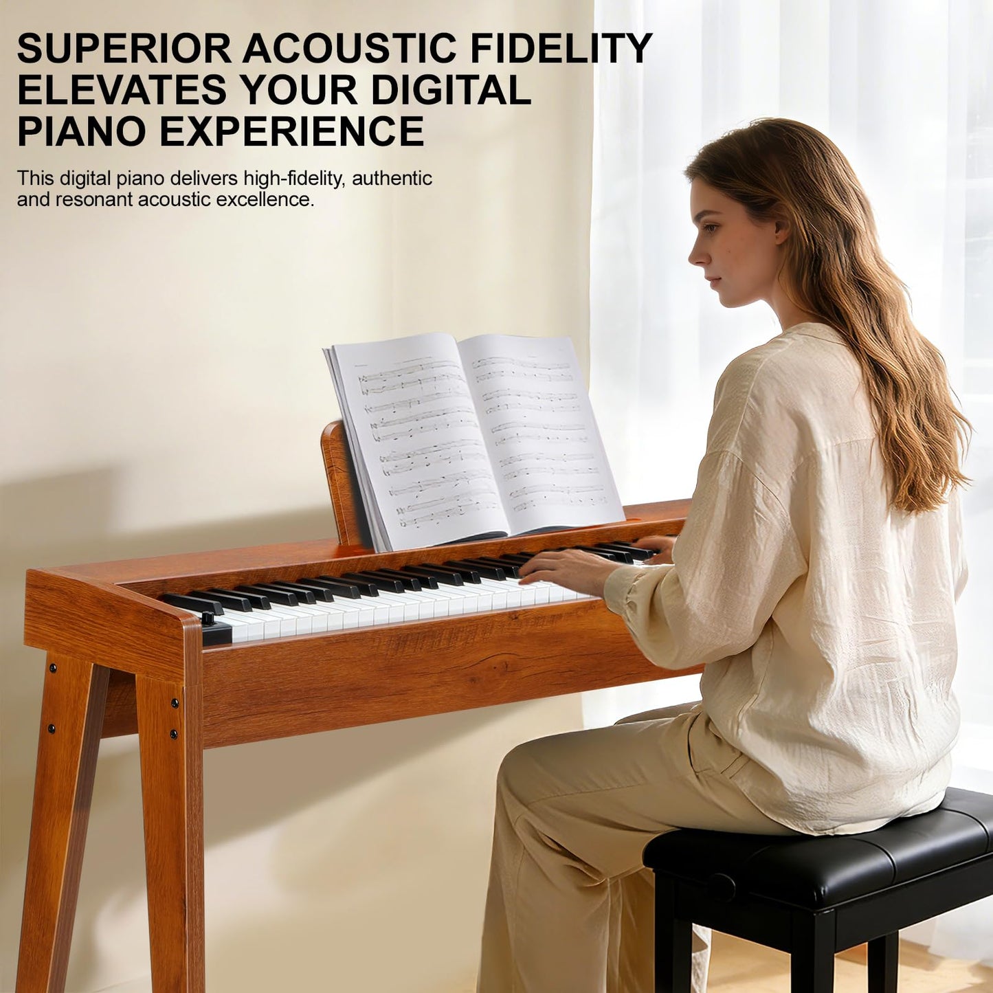 Vediya Digital Piano 88 Keys Semi-Weighted Full Size Keyboard for Beginners, Electric Piano with MIDI, Pedal, Keyboard Piano 800 Tones, 600 Rhythms, Dual Speakers, Recording Function (Brown)