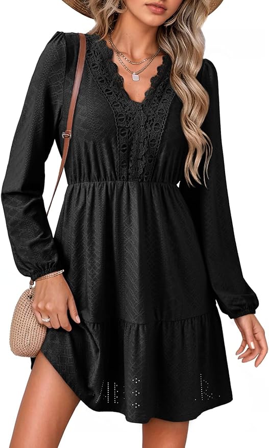 Dokotoo Spring Dresses for Women 2026 Elegant Lace Hollow Out Embroidered V Neck Long Sleeve Casual A-Line Swing Mini Dress