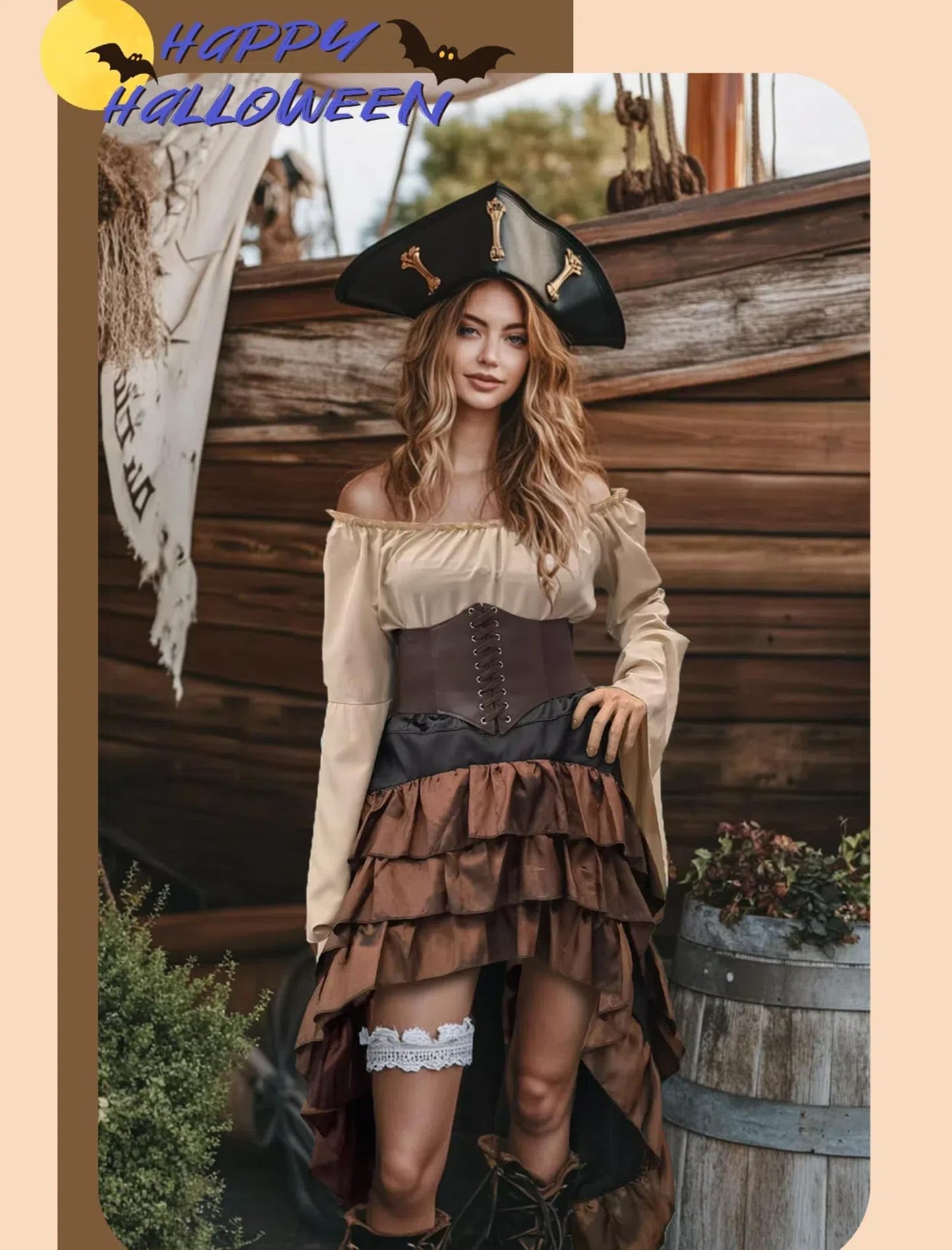 Verceco Pirate Costume Women Outfit with Renaissance Pirate Shirt Skirt Corset Waist Belt Womens Halloween Pirate Costumes (Beige+Brown, M)