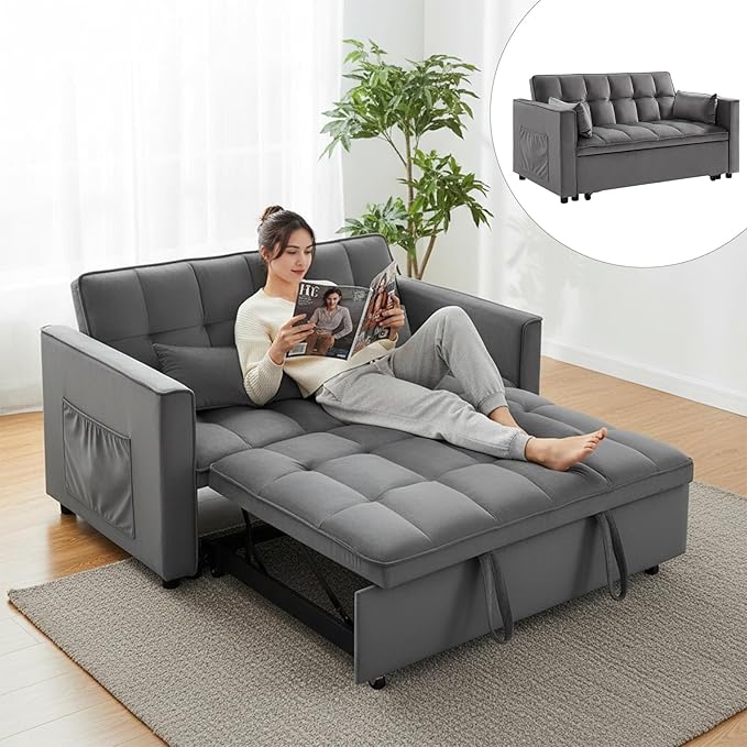 OjvZxqtbrnl Convertible Sofa Bed,3 in 1 Pull Out Couch Adjustable Backrest, Modern Velvet Upholstery Sleeper Sofa Bed, Loveseat Couch for Living Room, Bedroom & Apartments (Grey)