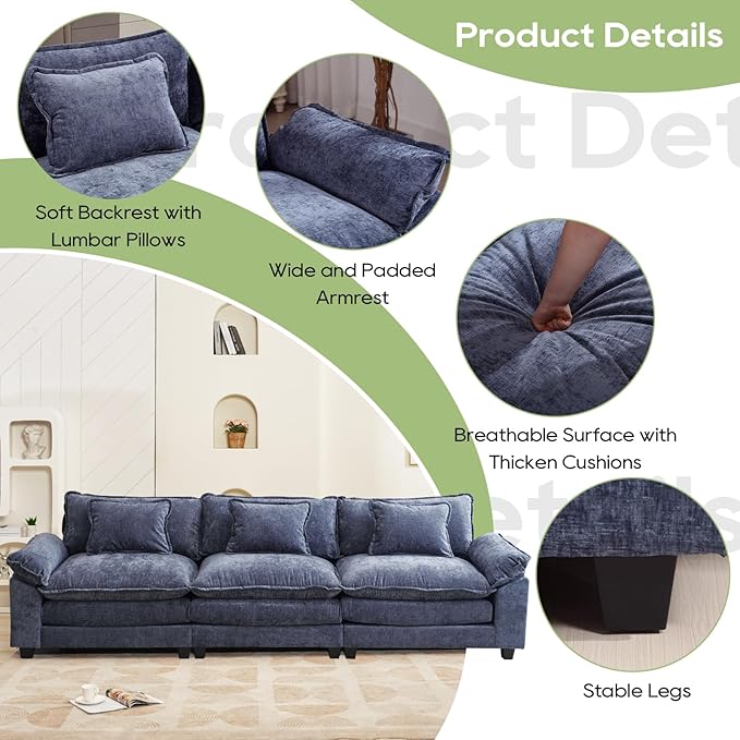 Oprisen 120" Modular Sectional Sofa, Comfy Cloud Couch Sectional, Chenille Sofa Sleeper Deep Seat Sofa with Throw Pillows for Living Room (Blue, 120"- 3 Seater)