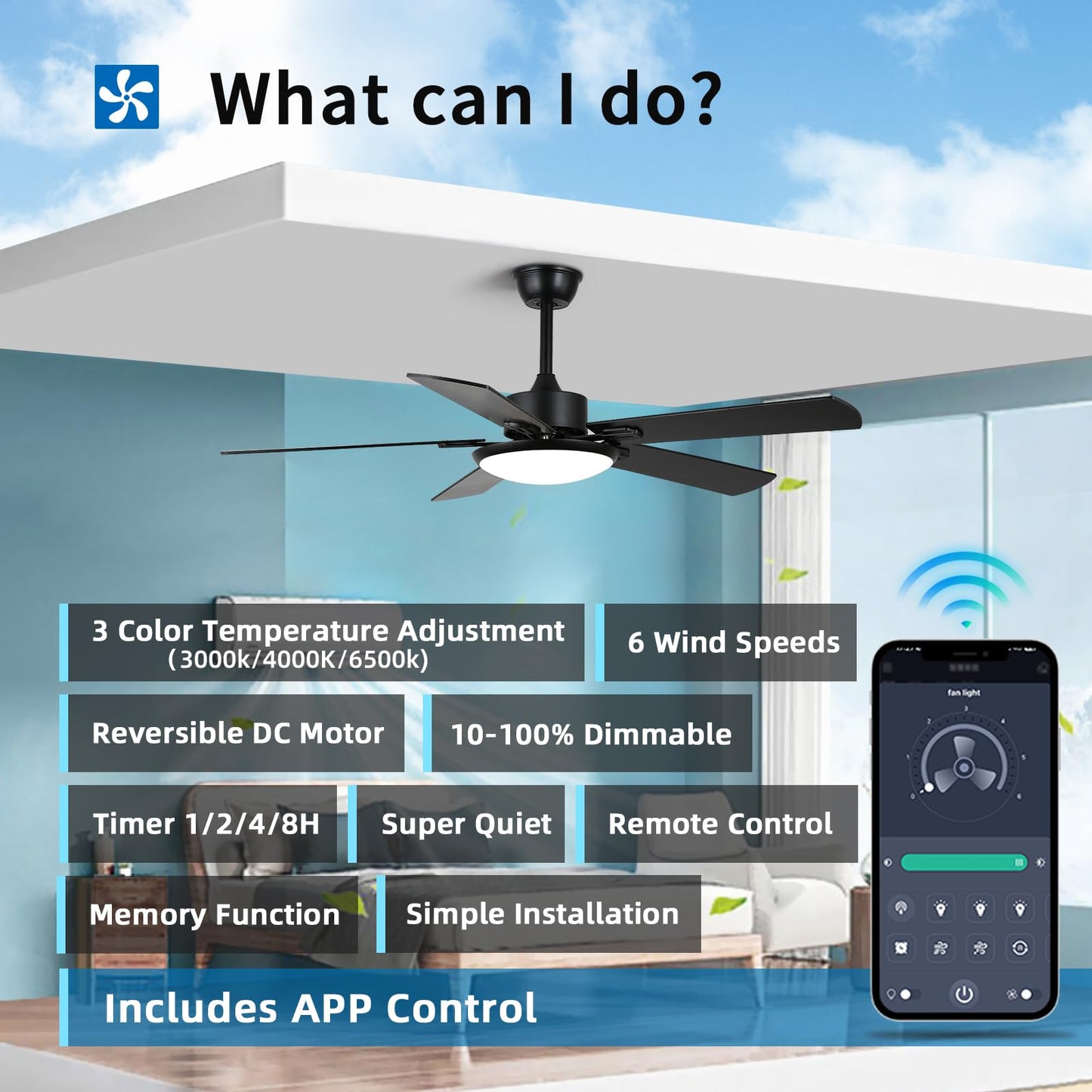 Rienaza Ceiling Fans With Lights,52 Inch Black Ceiling Fan With Light And Remote Control,Reversible,3Cct,Dimmable, Noiseless,Mod