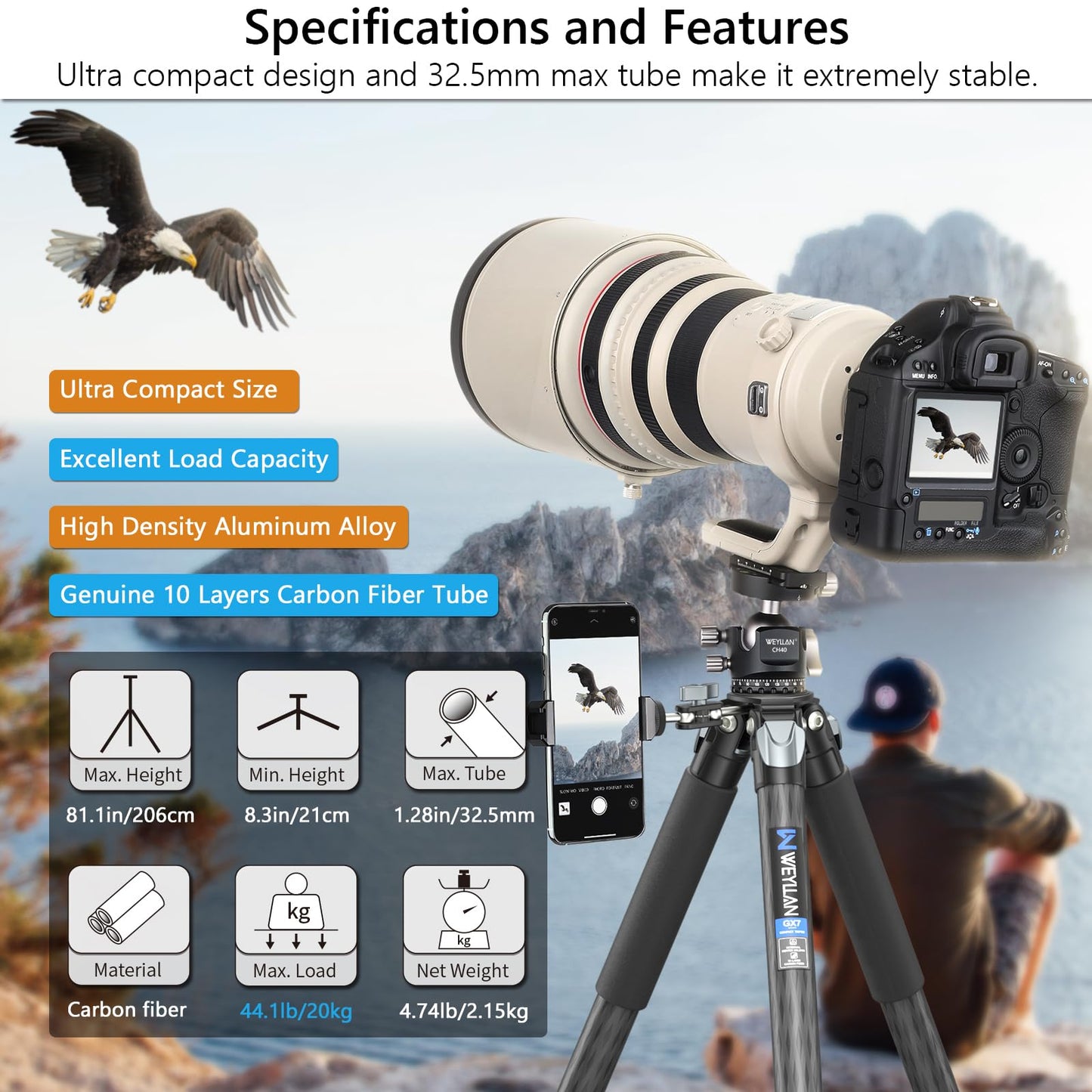 Carbon Fiber Heavy Duty Tripod WEYLLAN 81'' Professional Tripods for Camera, 10-Layer Carbon Fibre Tube, 32.5mm Leg with Low Profile Tripod Ball Head for Canon Nikon Sony, DSLR SLR Digital Camcorder