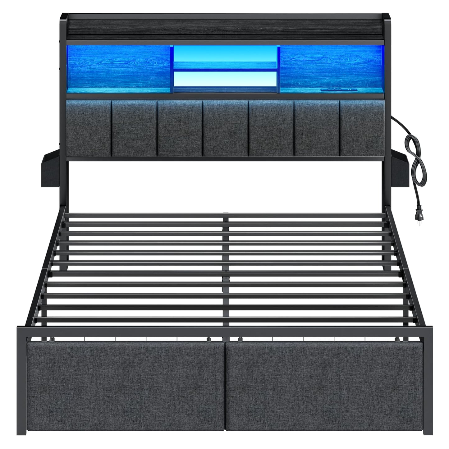 Furnulem Full Size Bed Frame with Headboard, Bed Frame Full Size with Storage Drawers, Charging Station and LED Lights, Metal Platform No Box Spring Needed, Upholstered Headboard, Noise Free, Black