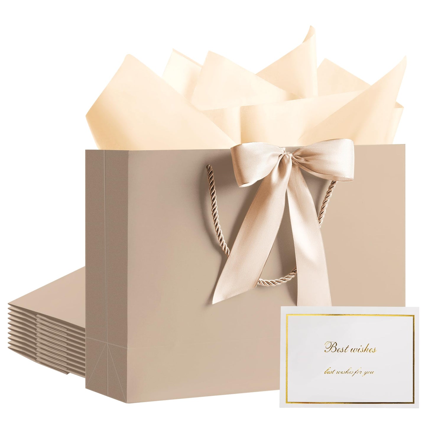 PASEOTA 12.6" Gift Bags Bulk, 10 Pcs Gift Bags with 20 Tissue Paper 10 Greeting Cards, Luxury Bag with Handles for Anniversary Wedding Birthday Christmas (Champagne)