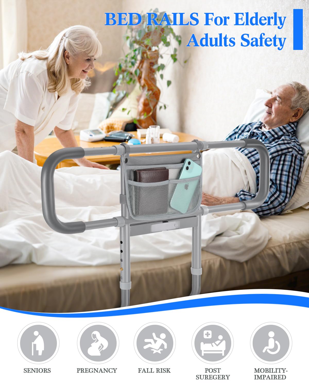 Bed Rails for Elderly Adults Safety, Extended Bed Assist Rail for Seniors with Motion Sensor Light - Adjustable Side Bed Guard Rails Handle Support Bar with Storage Bag, Fit King Queen Full Twin Bed