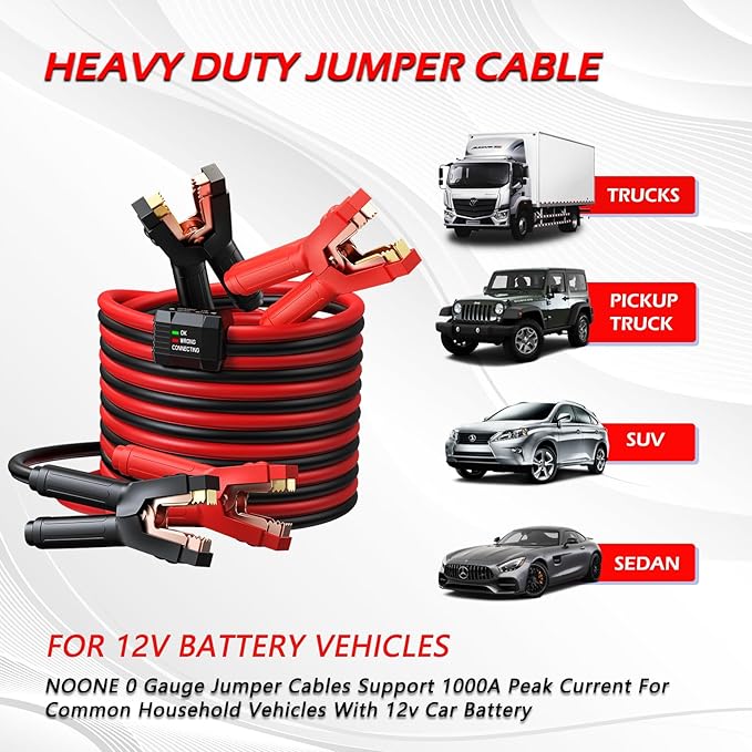 NOONE 0 Gauge 25ft Heavy Duty Jumper Cables, 1000Amp Automotive Booster Cables with Reverse Polarity Protection for Car, SUV, Truck – Complete Kit with Carry Bag, Gloves, Brush & Goggles (0AWG x 25Ft)