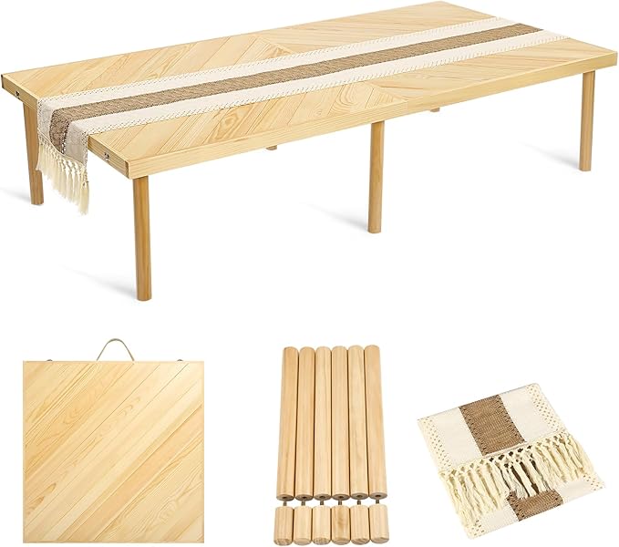 Folding Picnic Table with Table Runner, Portable Boho Low Picnic Table for Indoor Outdoor, 60" x 30" Wooden Table with Adj...