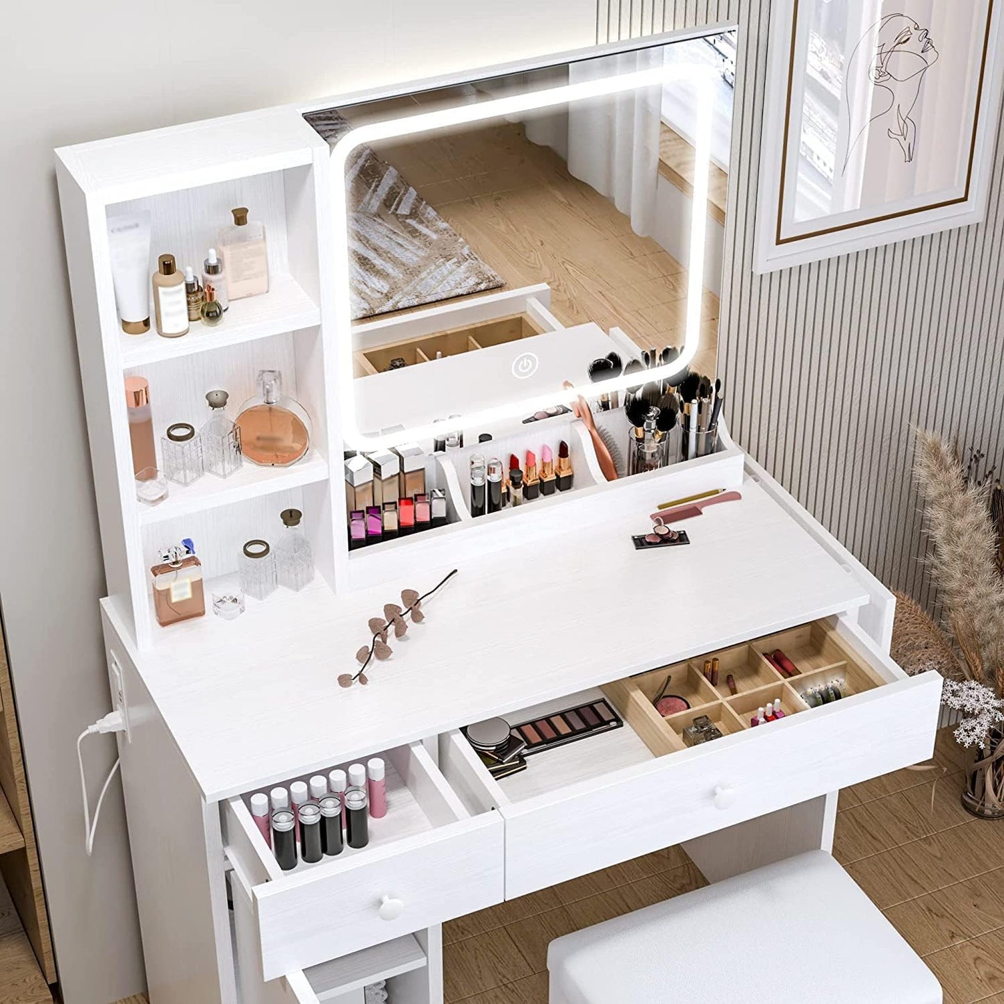 IRONCK Vanity Desk with LED Lighted Mirror & Power Outlet, Makeup Table with Drawers & Cabinet,Storage Stool,Dressing Table for Bedroom, White