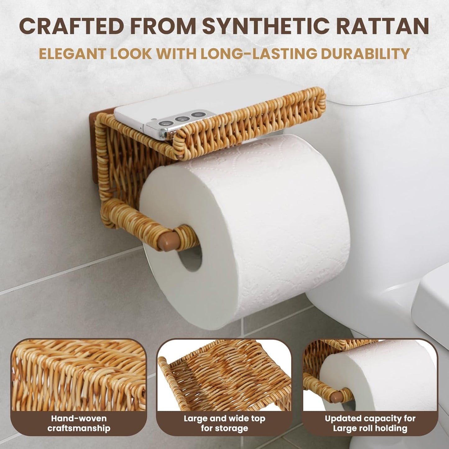 Synthetic Rattan Toilet Paper Holder with Shelf – Fits Mega Rolls, Boho Bathroom Decor Roll Holder for RV, Washroom, Kitchen – Water-Resistant Woven Tissue Dispenser (Natural, Adhesive Mount)