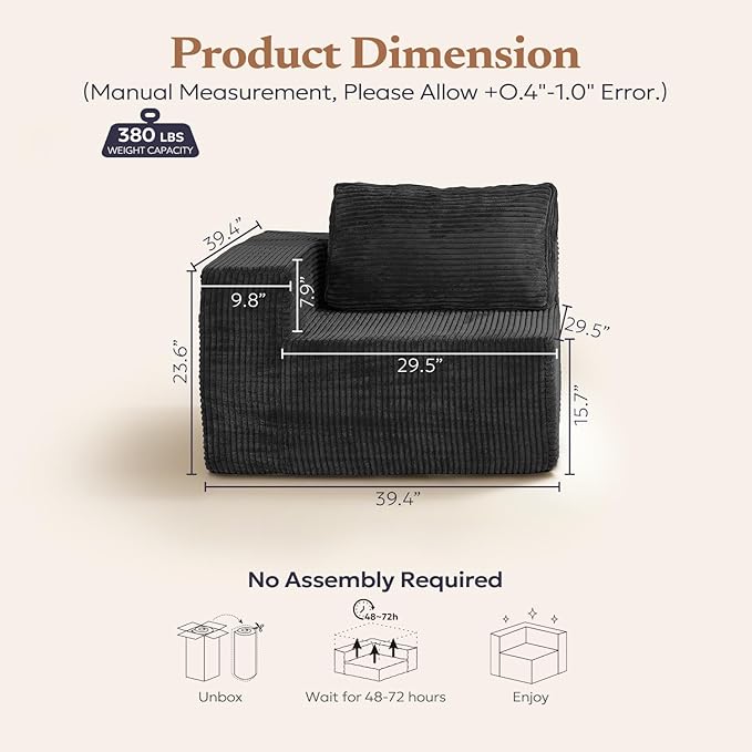 Furnify 40" Modular Sectional Sofa, Upholstered Floor Sofa Couch with Pillow, Bean Bag Chair for Bedroom Living Room, No Assembly Required (Plush Corduroy Fabric, Black)