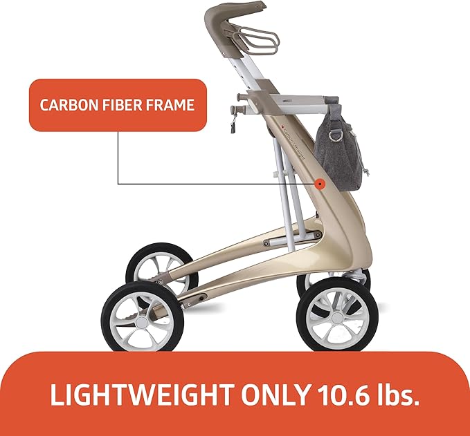 byACRE Ultralight Rollator Walker with Seat, Lightweight Folding Mobility Aid for Seniors, Compact Upright Walking Support,16.5" x 24" Seat (W x H), Comfort Handles and Storage, Gold