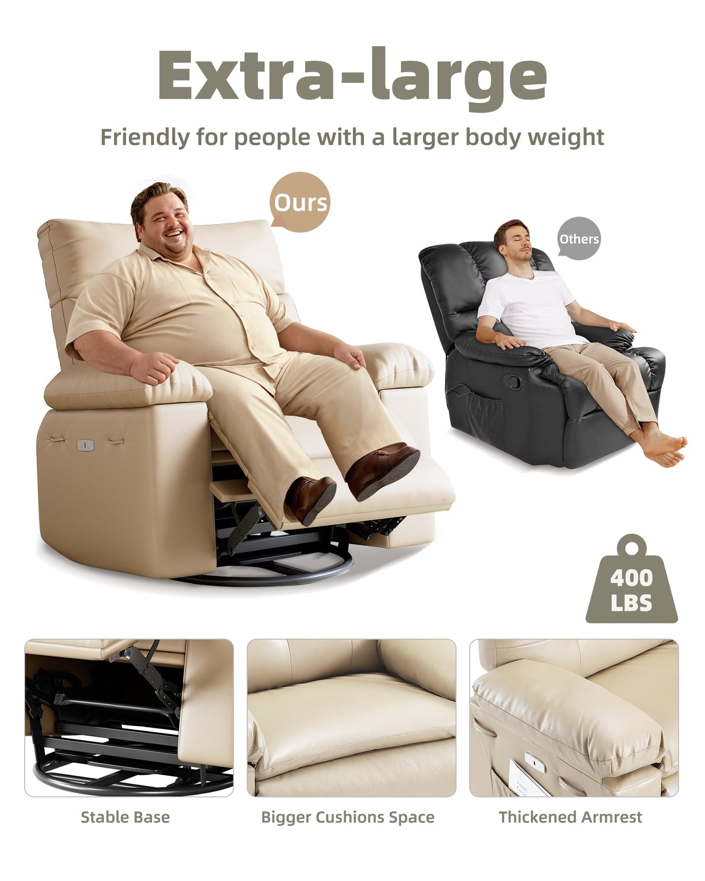 Swivel Rocker Recliner Chair, Massage Recliner Chair with Heat, 360° Swivel PU Leather Manual Recliner for Adults, Long Sitting Fatigue Relief and Shoulder Neck Relaxation, Beige
