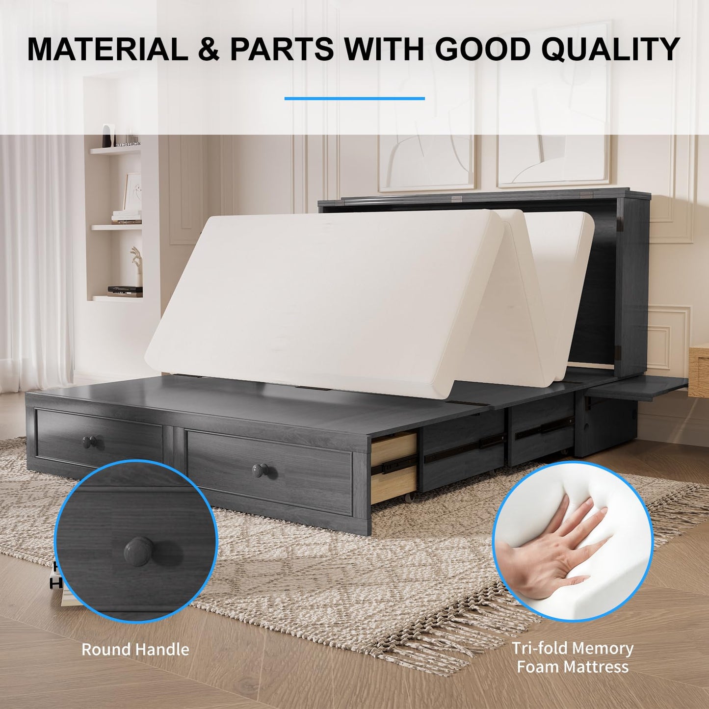 PUREMIND Queen Murphy Bed with Storage Drawers, Camas Con Colchon Incluido, Hideaway Chest Beds with Built-in Charging Station, Murphy Bed Queen Space-Saving Wall Beds for Bedroom