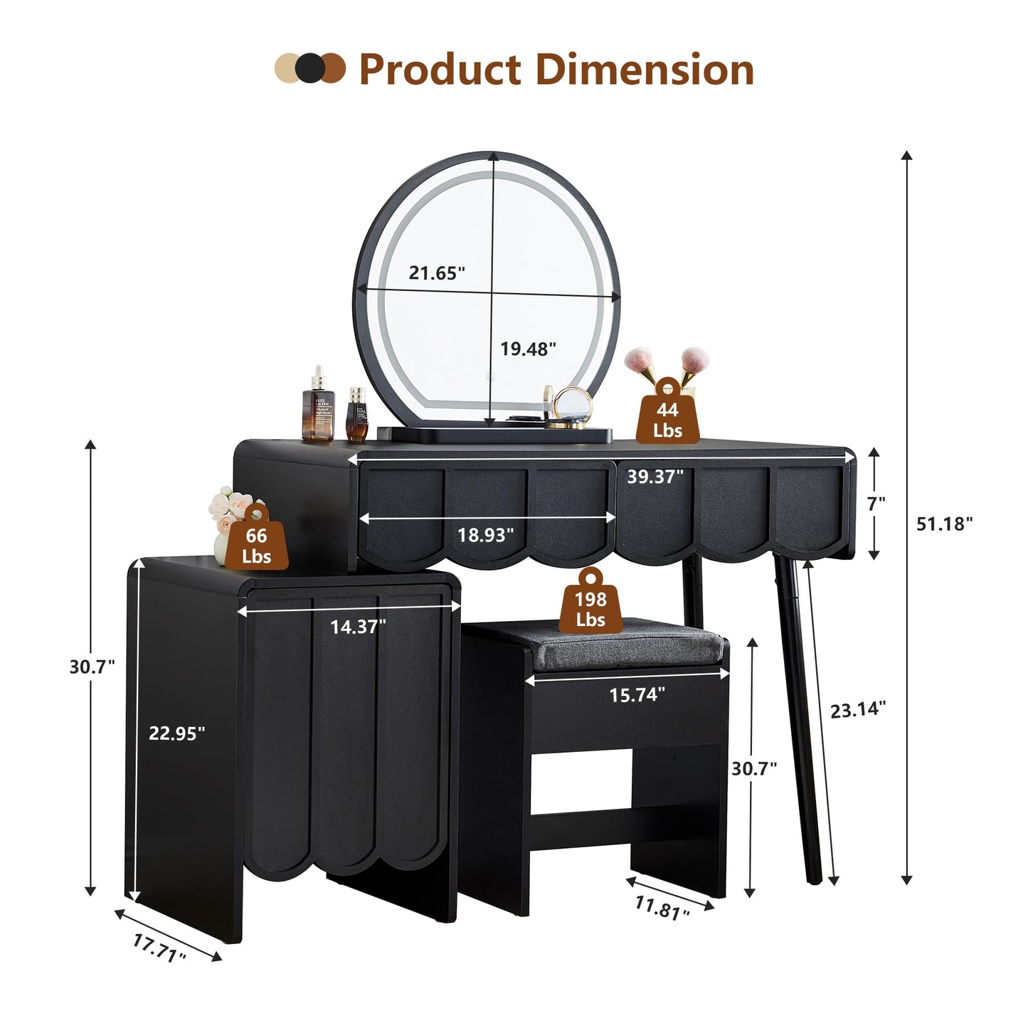 ORRD Vanity Desk with Mirror and Lights, Modern Wood Wave Panel Vanity Desk Set Makeup Table with Drawers and Cabinet, Dressing Table with Storage for Bedroom, Black