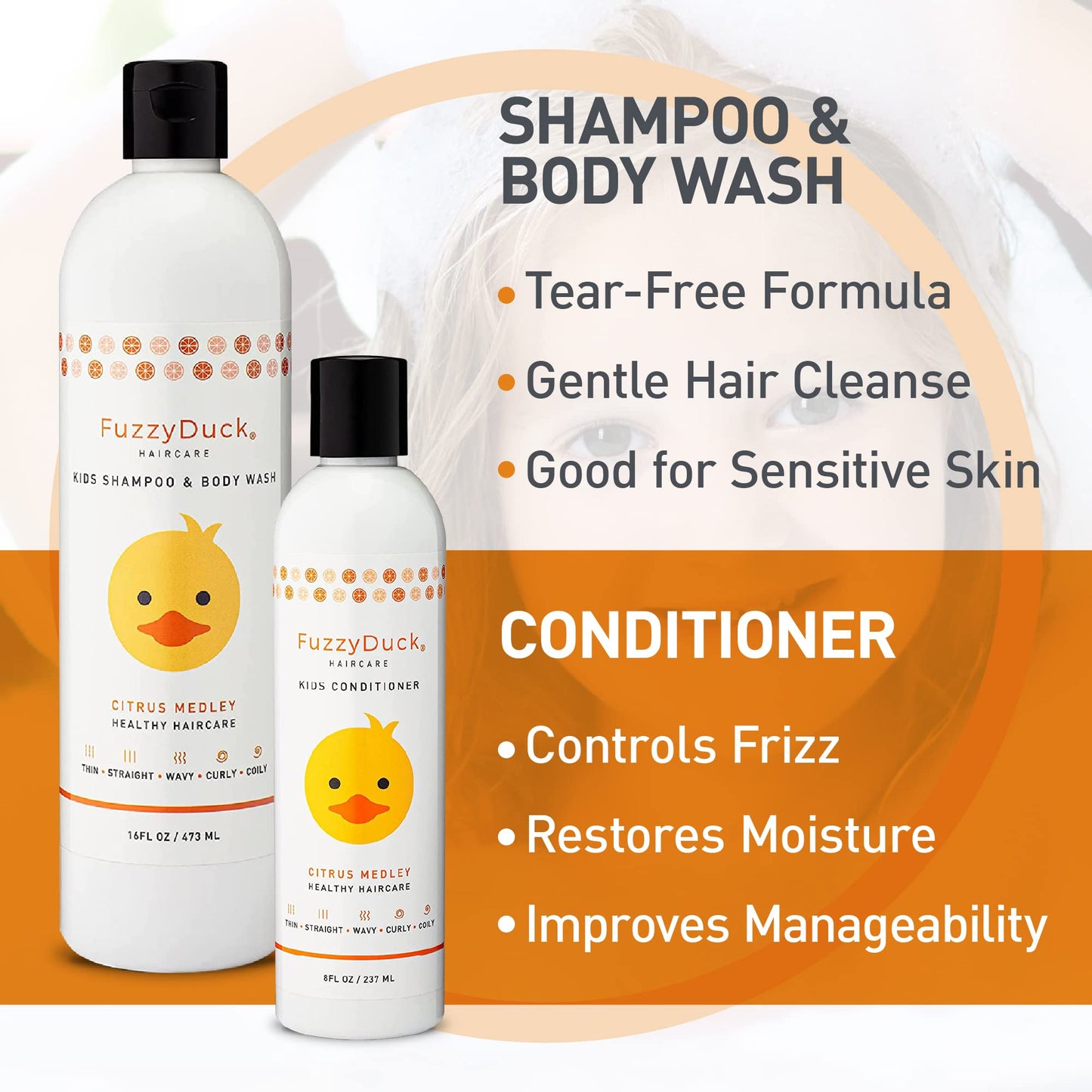 FuzzyDuck Kids Shampoo + Body Wash, Conditioner and Hair Gel Set (8oz each) for All Hair Types, Moisturizer with Aloe, Sea Botan