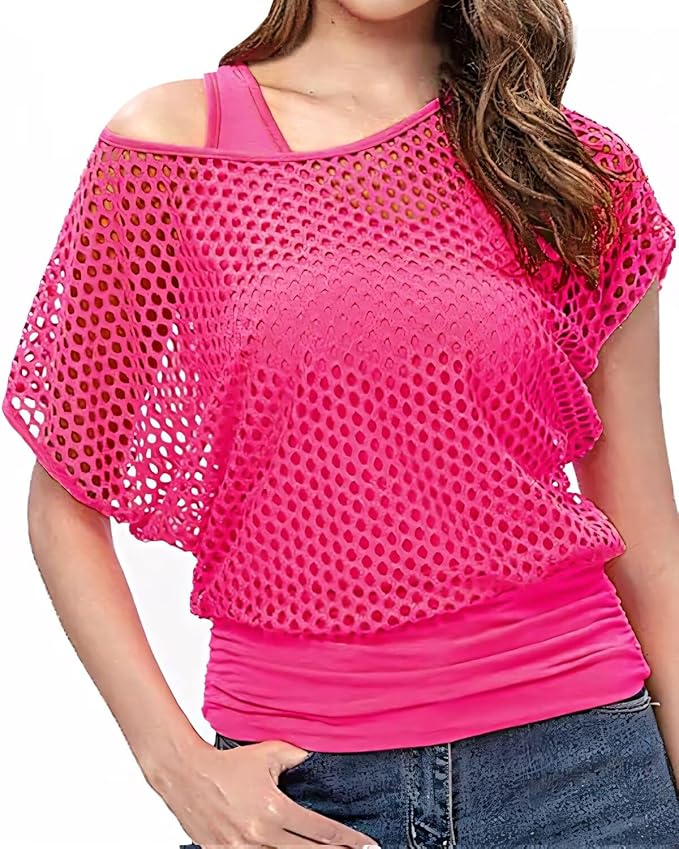 WILDPARTY Women's Casual Sexy Off Shoulder T-Shirt 80s 90s Outfit 80's Costume Fishnet Neon Shirt Summer Short Sleeve