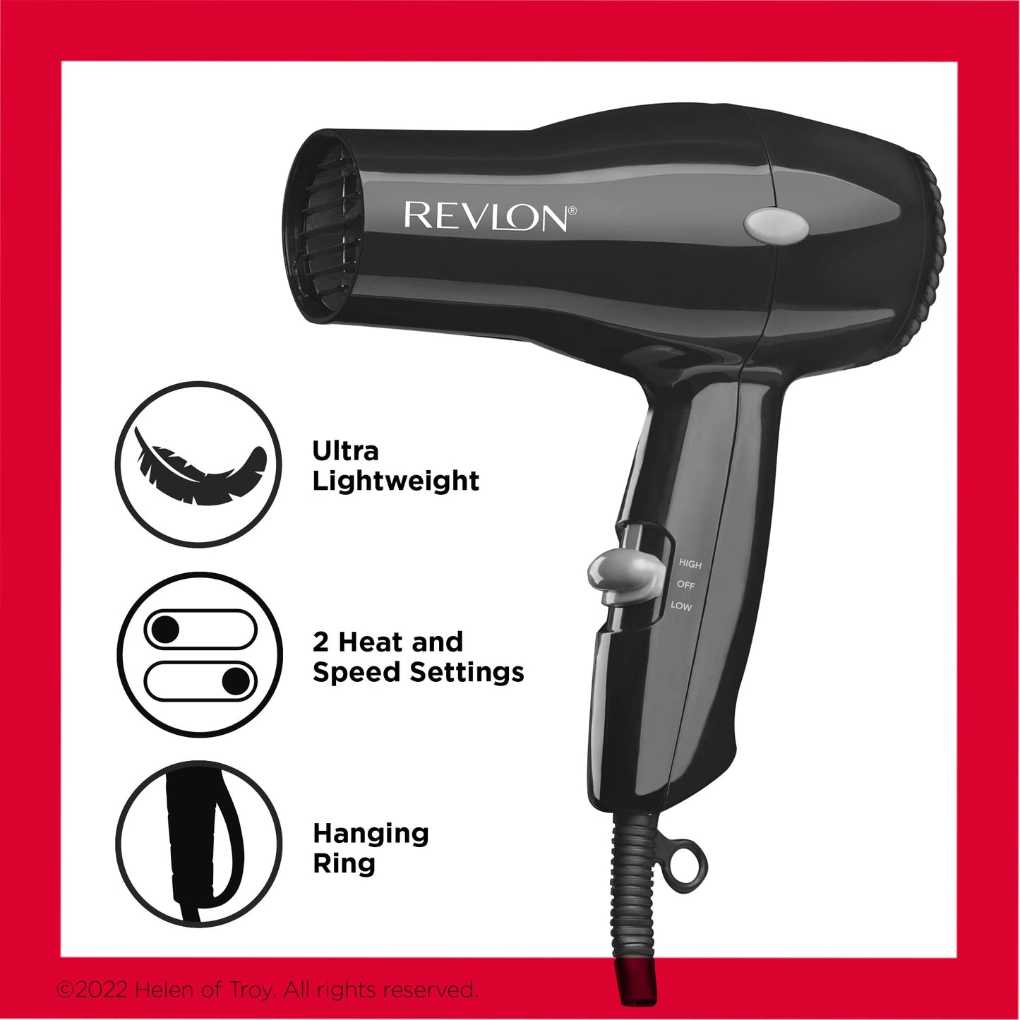 REVLON Travel Hair Dryer | Salon-Style Blowouts, Lightweight Design, 1875 Watts for Fast Drying with 2 Heat & Speed Settings for