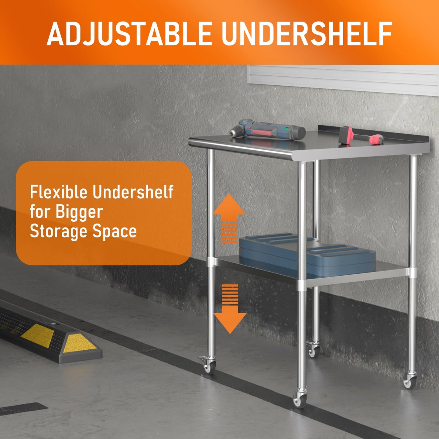 HOCCOT Stainless Steel Prep Table 24" X 30" with Adjustable Undershelf, Backsplash and Wheels, Commercial Metal Workstations for Kitchen, Garage, Outdoor BBQ