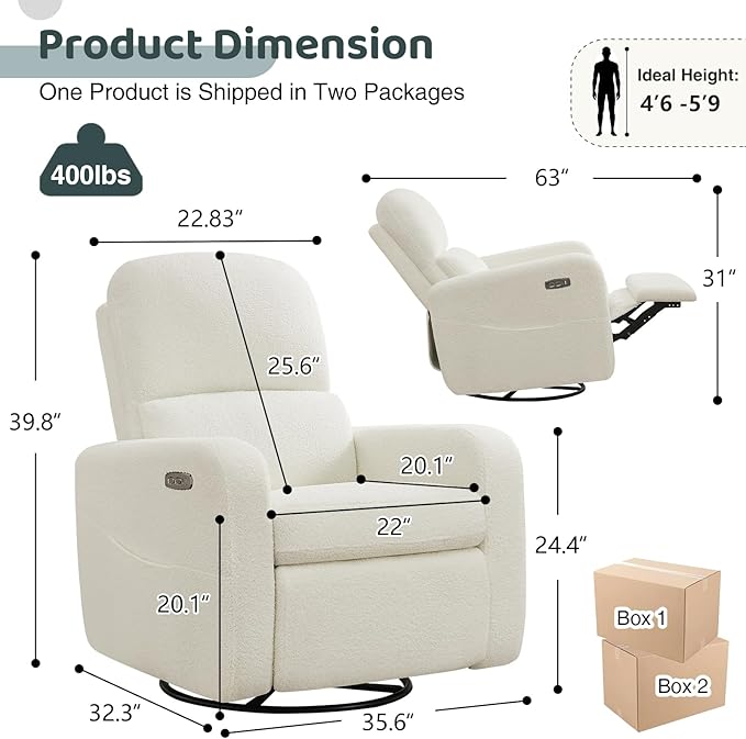 AEMEIOS Power Swivel Rocker Recliner, Oversized Boucle Nursery Glider Recliner, Swivel Rocking Reclining Chair with Removable Cushion and Lumbar Support for Nursery Living Room Bedroom, Teddy White