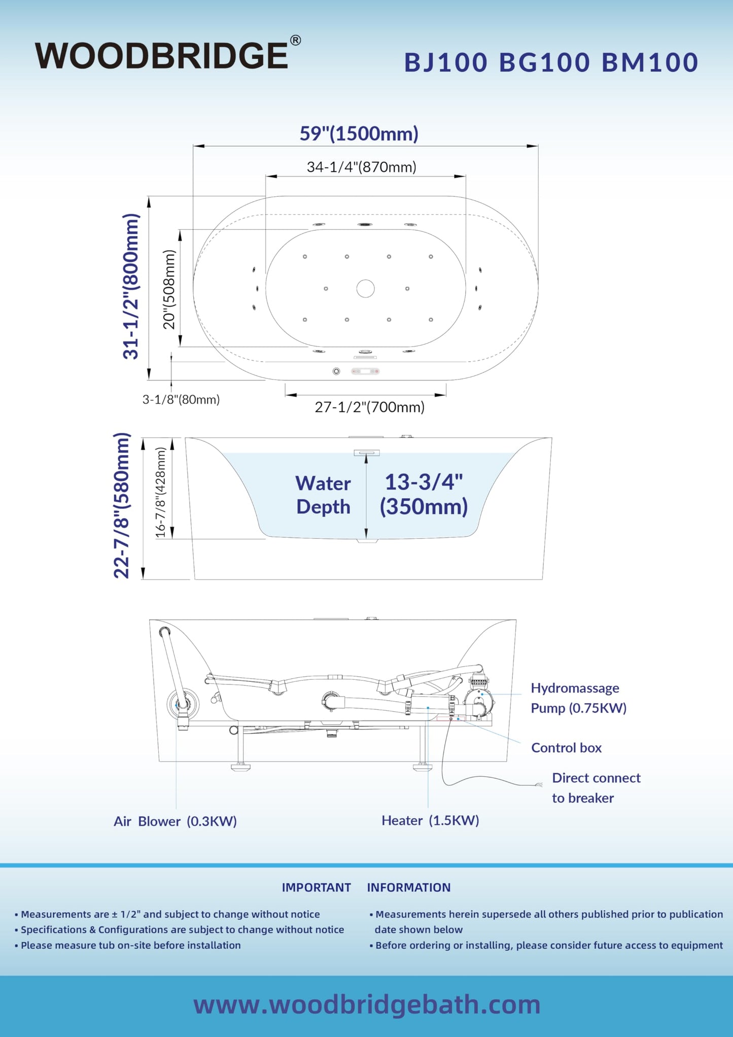 WOODBRIDGE 59" x 31-1/2" Whirlpool and Air Bath Heated Soaking Combination Tub with Adjustable Speed Air Blower and Display Control Panel, Brushed Gold Finish Trim and Drain Kit,BG100