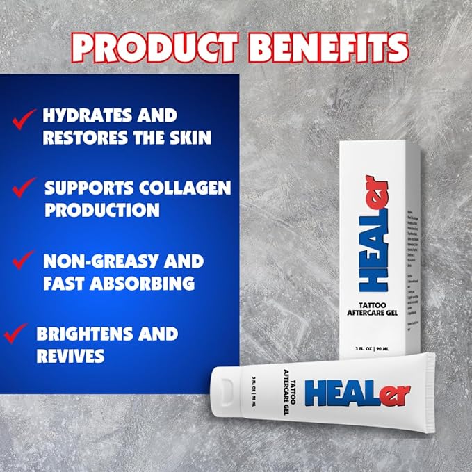 HEALer Tattoo Aftercare Gel - New Formula, Aloe & Vitamin E Tattoo Moisturizer, Fast-Absorbing, Non-Greasy Care for New Tattoos & Piercings Gentle Cream on Sensitive Skin, Travel Size, 3oz