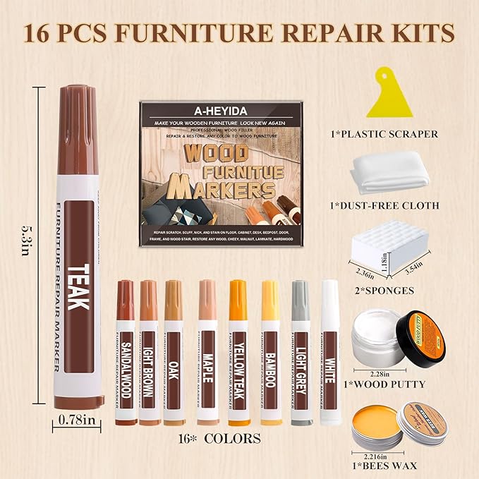 A-HEYIDA 22PCS Wood Furniture Repair Markers - 16 Colors Furniture Touch Up Pen with Beeswax Wood Putty Filler, Wooden Stain Marker Covers Scratches, Scuffs, Cabinets, Tables, Floors