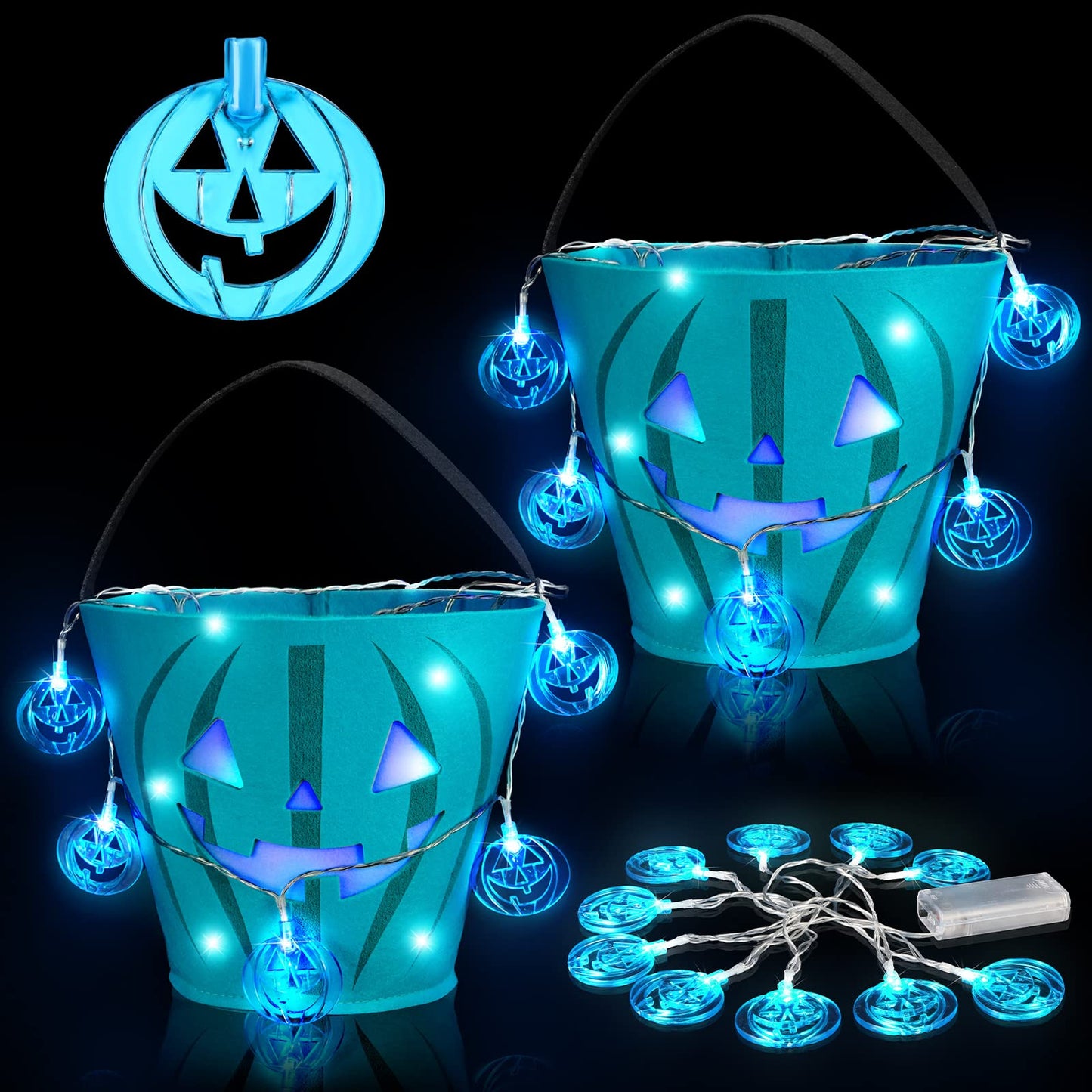 Cindeer 2 Pcs LED Light Halloween Bucket Pumpkin Felt Candy Basket Halloween Pumpkin Candy Bucket Halloween Tote Bags with Jack O Lantern for Halloween Party Favors