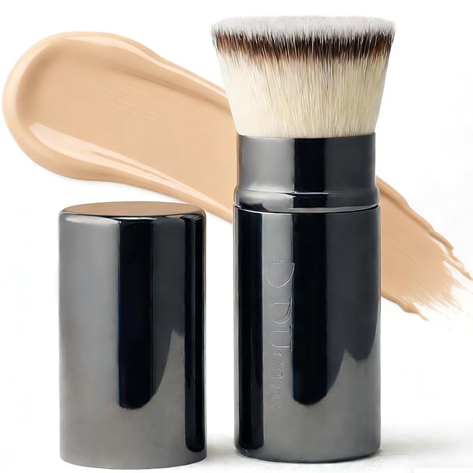 DUcare Retractable Foundation Self Tanner Brush Flat Top Kabuki Brush for Liquid, Cream and Powder Face Makeup With Aluminum Handle