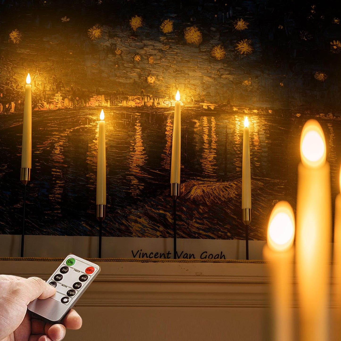 Homemory 12 Pcs Waxy Flameless Taper Candles with Remote, Led Flameless Candlesticks Classic Tall Candle, Flickering Battery Operated Taper Candles for Bedroom, Dining Room, Ivory, 9.6 inches