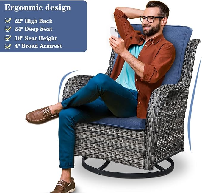Belord Outdoor Patio Furniture Set with Propane Fire Pit Table, 7 Pieces Wicker Patio Conversation Set with 2 Swivel Glider Rocker Chairs Rattan Sofa Blue Cushion Perfect for Casual Gathering Gray