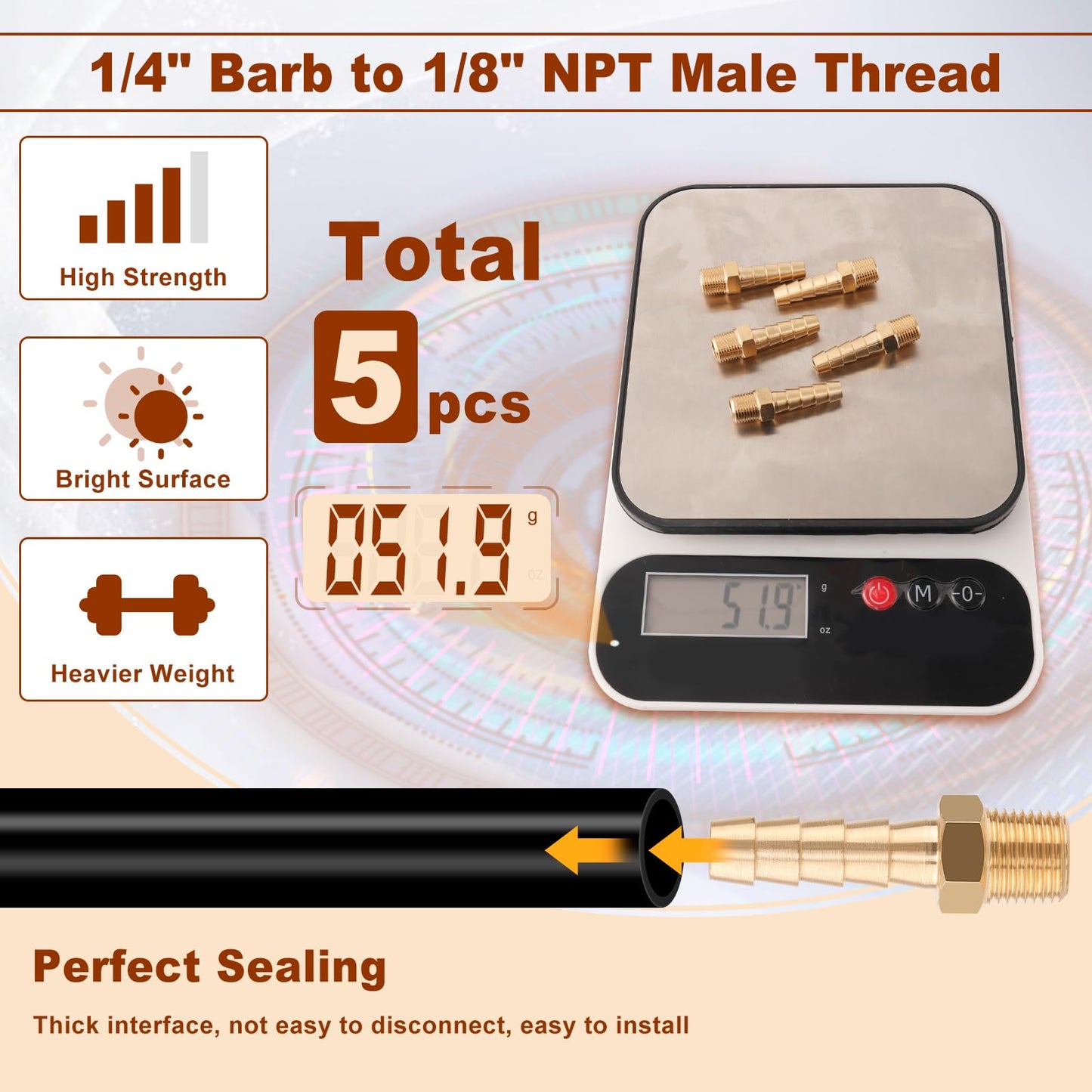Boeray 5pcs Brass Hose Barb Fittings 1/4 Inch Barb to 1/8 Inch NPT Male Thread Air Hose Fittings Adapter Connector Water Fuel Air Line Fittings 1/4” Barb × 1/8” NPT Brass Fittings