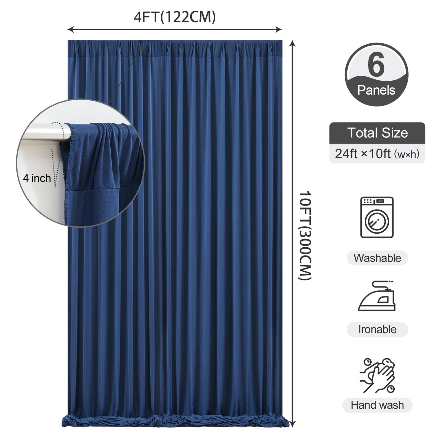 24 x 10ft Navy Blue Backdrop Curtains for Graduations Celebration Polyester Photo Backdrop Curtains No-Wrinkle Long Curtains for Parties Decorations Retirement Birthday Wedding Photoshoot, 6 Panels