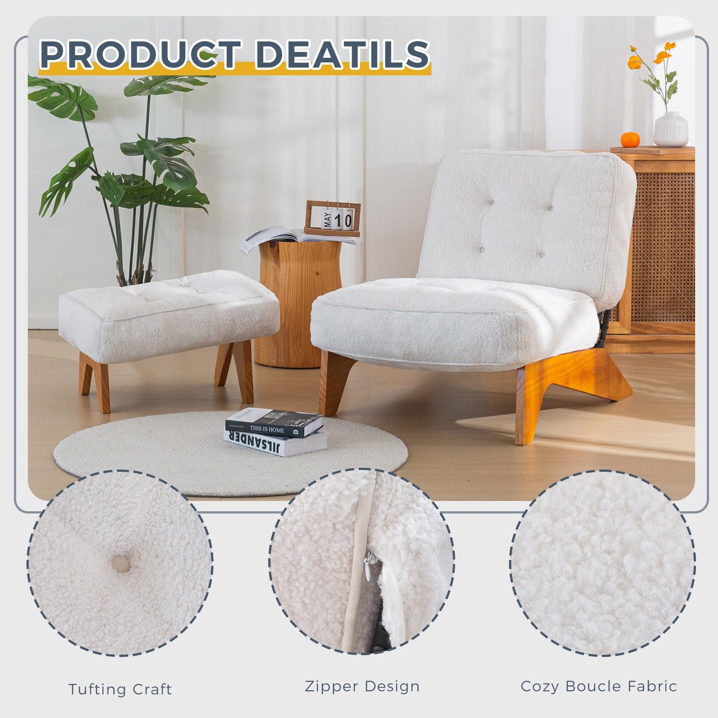 MAXYOYO Adjustable Accent Chair with Ottoman, Thick Cushion Seated Lounge Chair Reclining Chair for Living Room, Cozy Recliner and Footrest Set, Beige