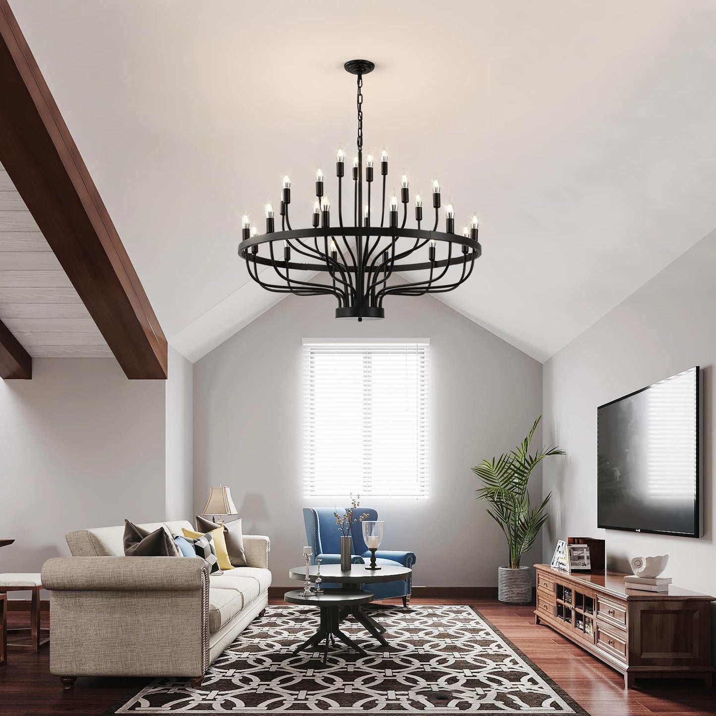 Black Chandelier 24 Light, Modern Farmhouse Chandelier for Dining Room, Round Industrial Candle Chandeliers Light, Wagon Wheel Chandelier 39in 3-Tier for Hallway, Living Room, Foyer, Island Lights