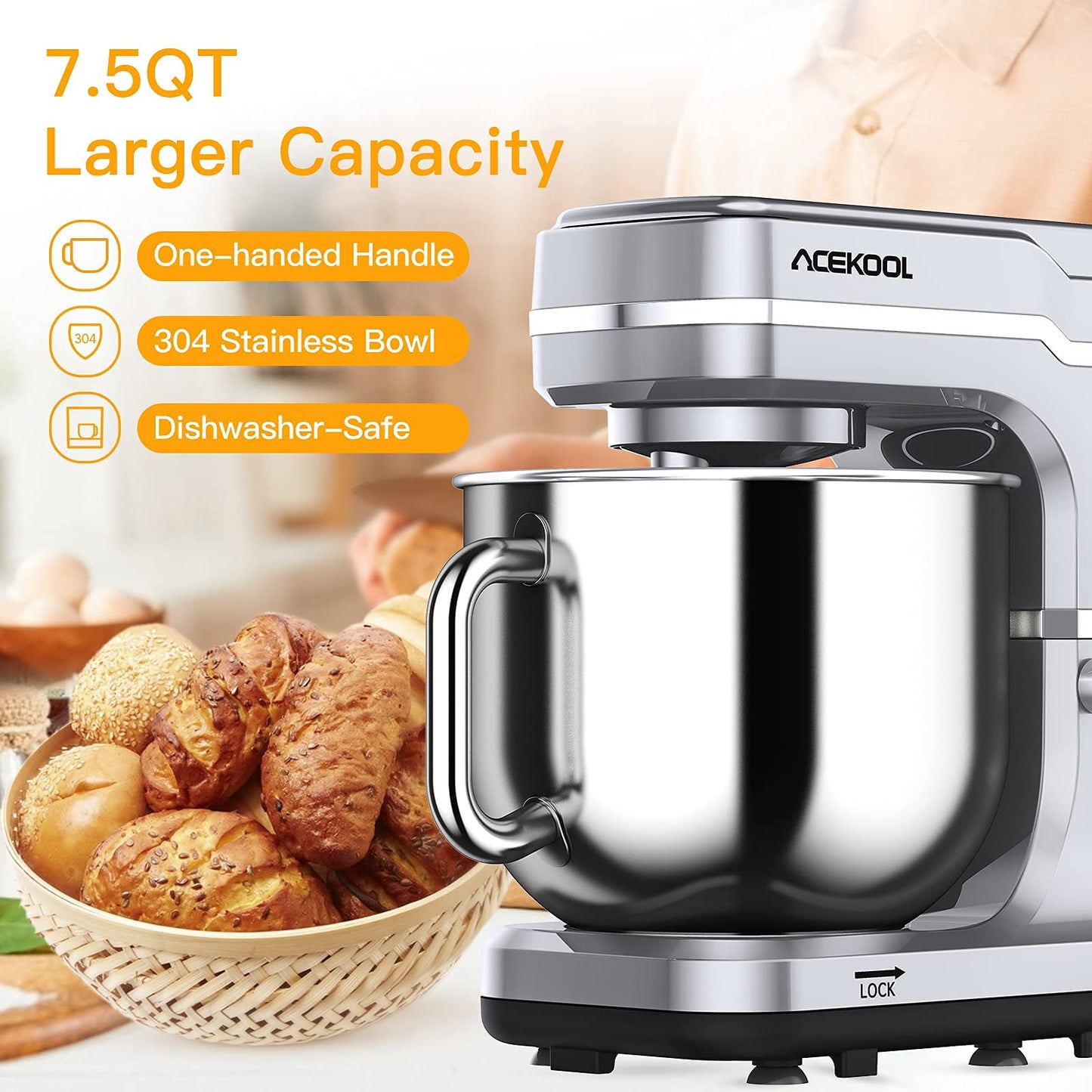 Stand Mixer 7.5QT 10-Speed 660W Tilt-Head Kitchen Electric Food Cake Mixer with Stainless Steel Bowl, Whisk, Dough Hook, Beater & Splash Guard, Silver