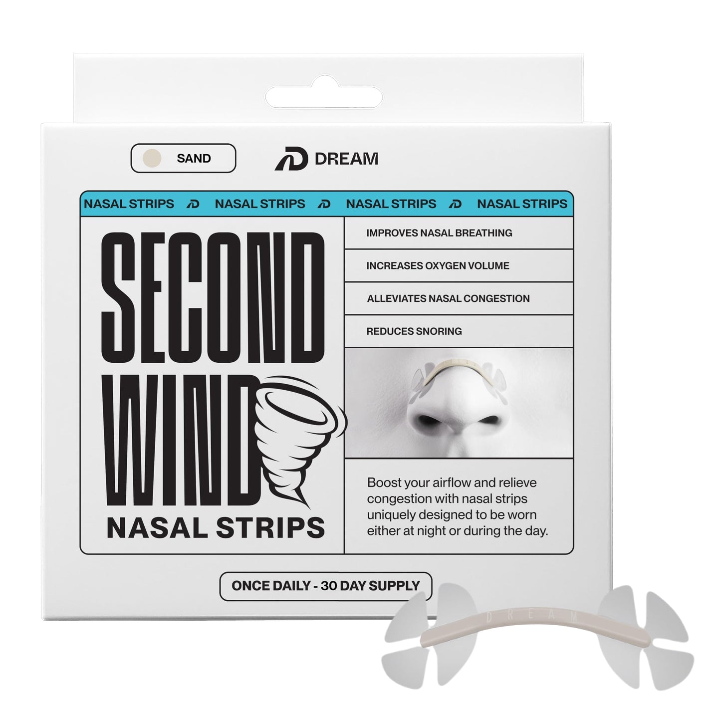 Dream Recovery Second Wind Nasal Strips - Nose Strips for Breathing, Sleep and Athletic Performance - Snore Relief and Congestion Support - Sand, 30 Count
