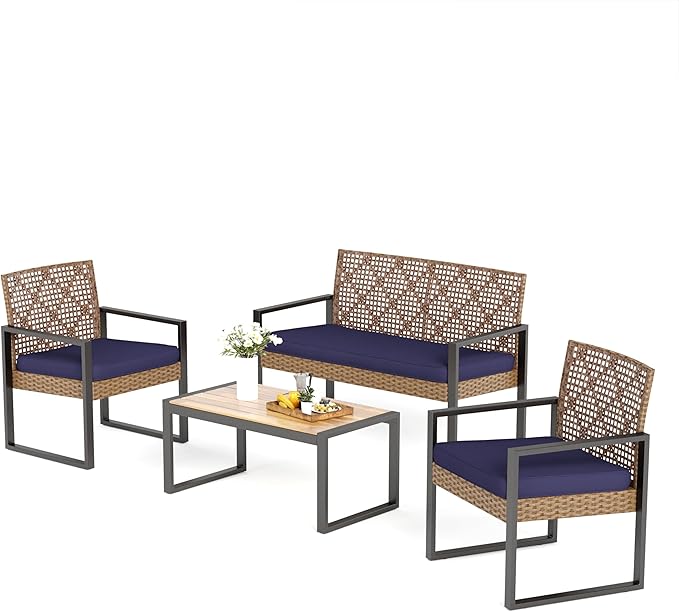 MFSTUDIO 4 Piece Wicker Patio Furniture Set, Small Patio Sofa with Loveseat & Chaise & Acacia Wood Table, Outdoor Rattan Sectional Furniture Set for Porch, Backyard, Blue