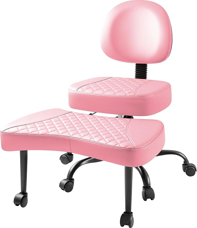 Furmax Ergonomic Criss Cross Legged Office Chair with Wheels, 360°Swivel Adjustable Height Kneeling Desk Chair with Footrest for ADHD, Yoga, Meditation, Home Office (Leather, Pink)