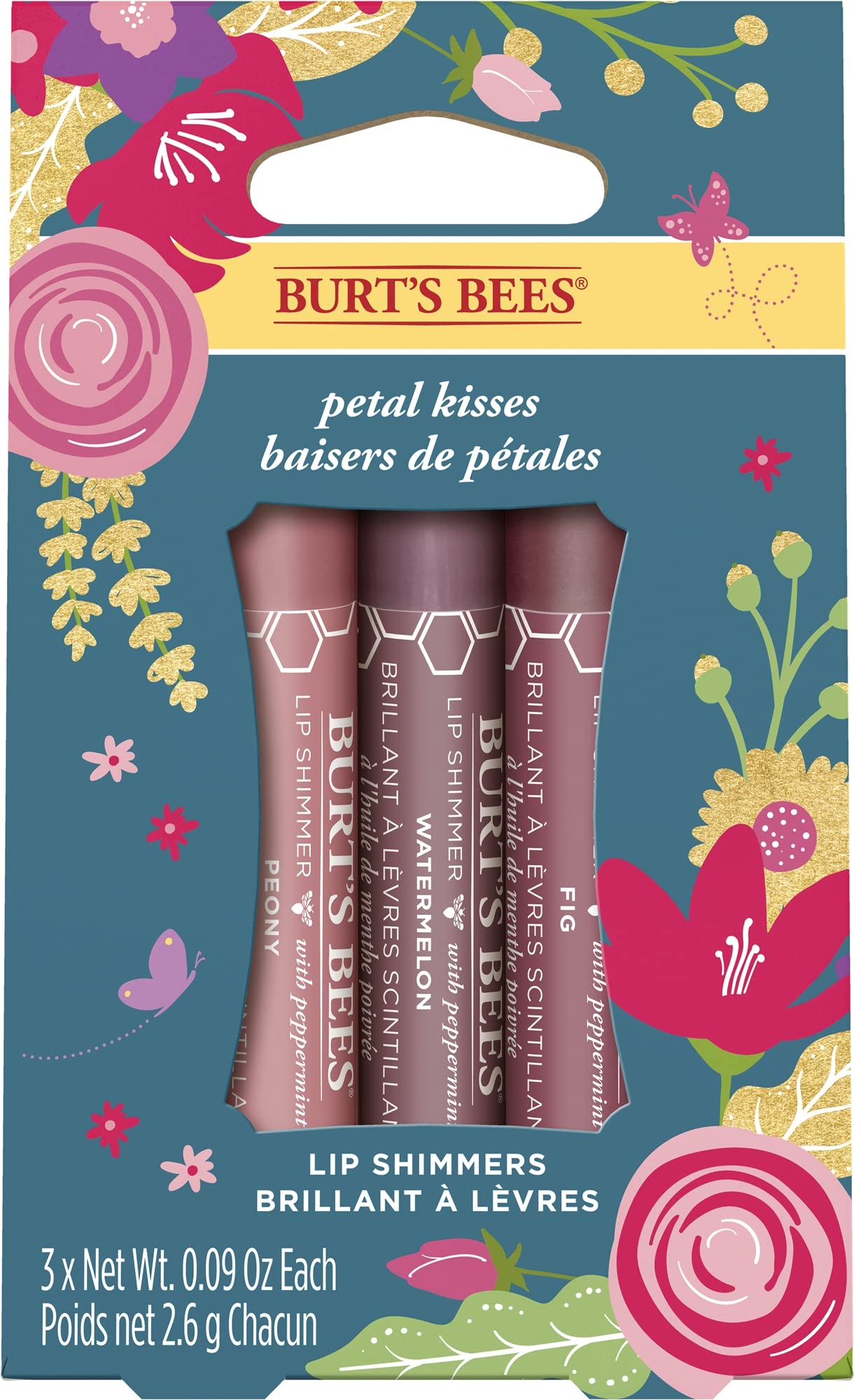 Burt's Bees Lip Colour Gift Set, 3 Lip Shimmers in Peony, Rhubarb and Fig Shades, Petal Kisses, 3x2.6g