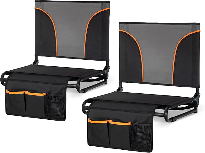GREEN PARTY Portable Folding Stadium Seats Extra Wide 20.1" Chair for Bleachers Set of 2 with 2 Storage Pockets & Mesh Cup Holder, 600D Oxford Fabric Comfortable Padded Cushion Back Support Black