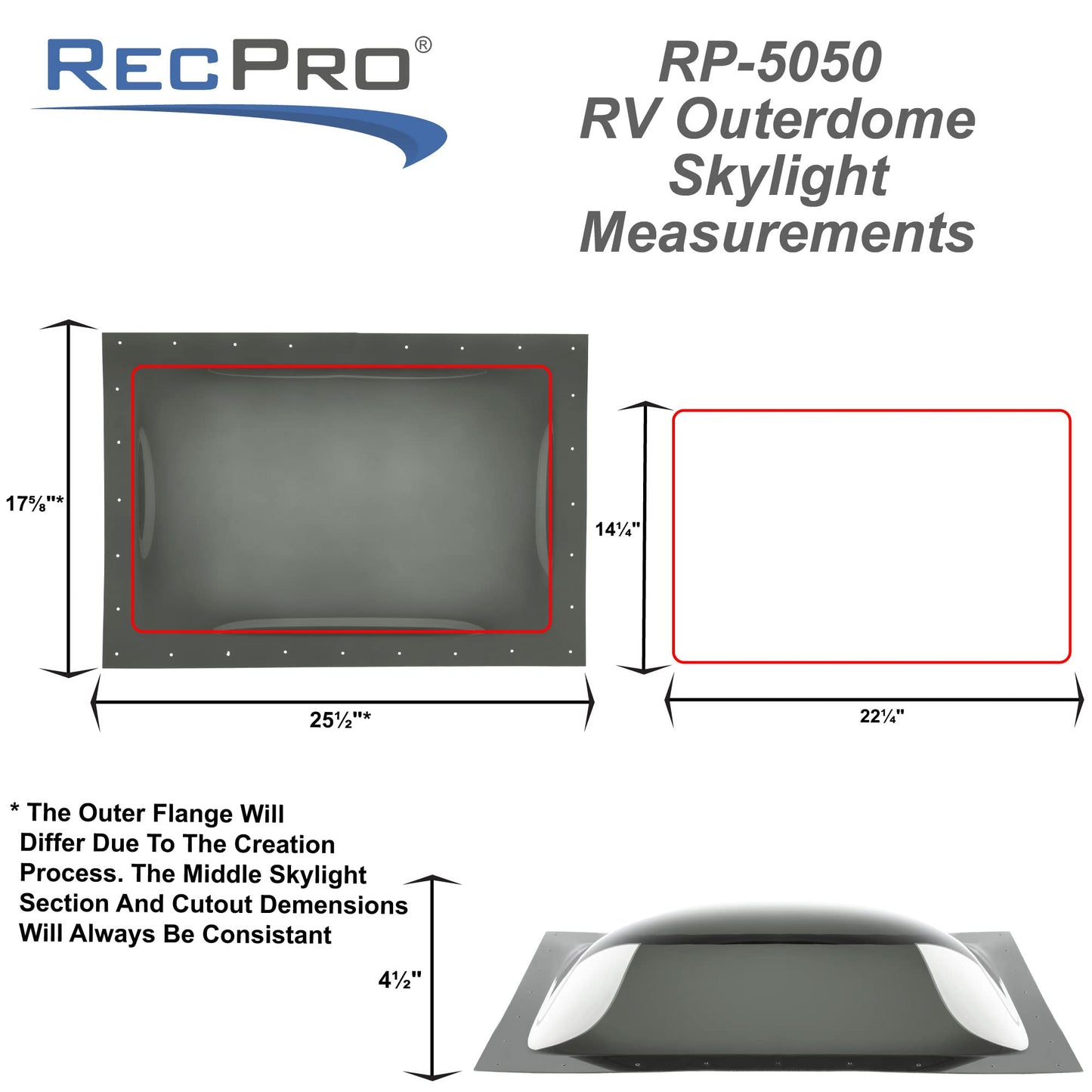 RecPro RV Skylight Outer Dome | 14" x 22" Universal Outer Skylight | Bubble Style (Smoke)