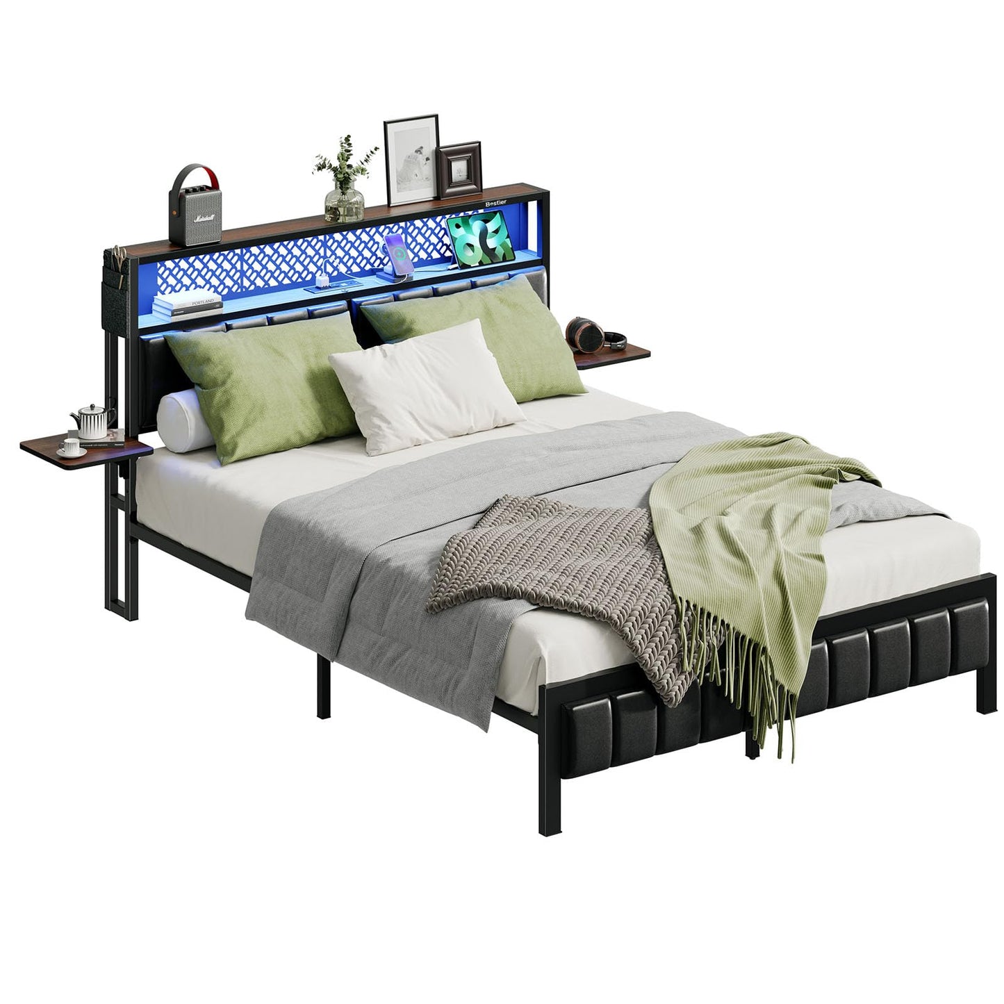Bestier Queen Bed Frame with Upholstered Headboard and Charging Station, Folding Bedside Shelves Storage, LED Metal Platform Bed Frame, Non-Slip, Noise-Free, Easy Assembly, Walnut