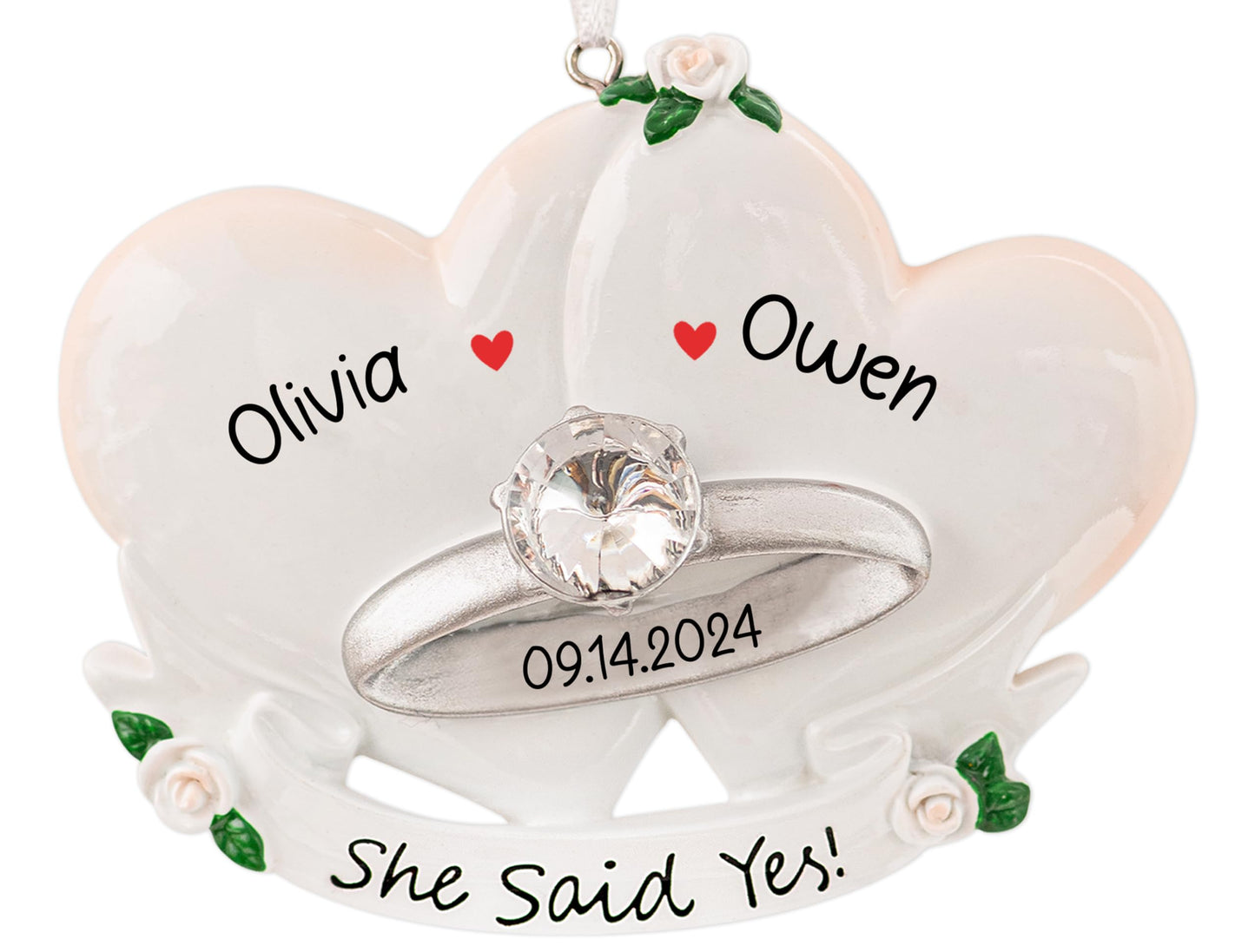 UniqXmas Personalized Our First Christmas Engaged Ornament 2025 | Customized Engagement Hearts Ornament with Diamond Ring | Just Proposed Fiance Newly Couple Custom Keepsake Gift for Xmas Tree