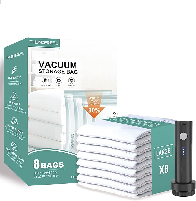Travel Vacuum Storage Bags with Electric Pump, Multiple Combinations Travel Packing Bags for Luggage and Suitcase, Carry-on Size Compression Space Saver for Clothes and Clothing (C: 8 Large-EPUMP)