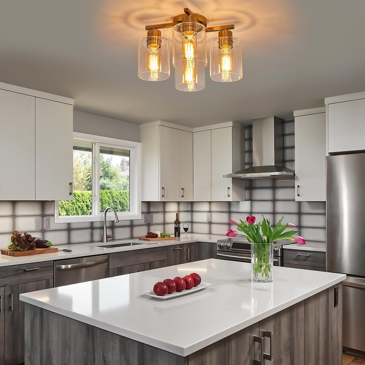 DIDUIO Semi Flush Mount Ceiling Light Kitchen Lighting Fixtures Ceiling Brushed Nickel Kitchen Cieling Light Fixtures with Clear Glass Shade for Dining Room Bedroom Living Room Hallway E26 Scoket