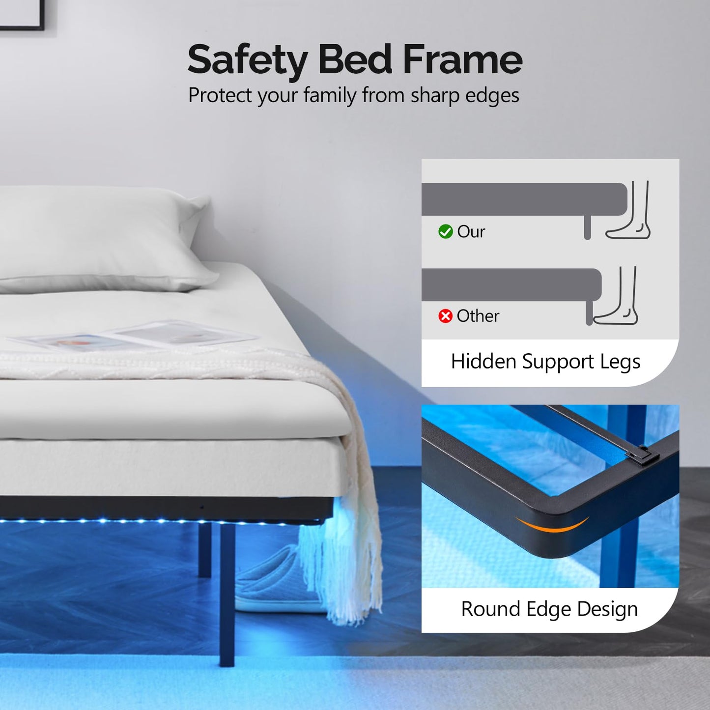 VINGLI Twin Floating Bed Frame with USB Charging Station/LED Lights, 14'' Platform Bed Frame Twin Size Heavy Duty Metal Bed, No Box Spring Needed,Black