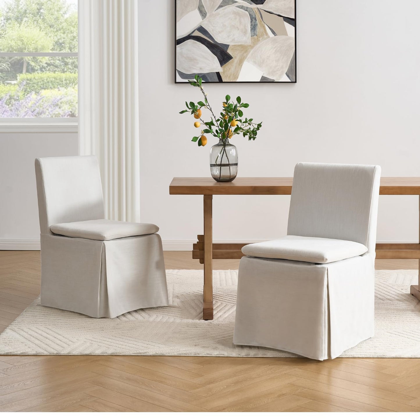DAYALANE Farmhouse Slipcovered Dining Chairs Set of 4, Modern Upholstered Kitchen & Dining Room Chairs, Comfy White Accent Armless Side Chair for Reading Room Kitchen Dining Room, Chenille