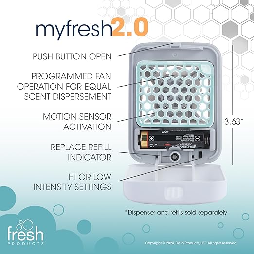 Fresh Products myfresh 2.0 Personal Air Freshener with Dry Fragrance Technology for Small Spaces Compact Design Motion Sensor Battery Included Alpine Forest 6 pk