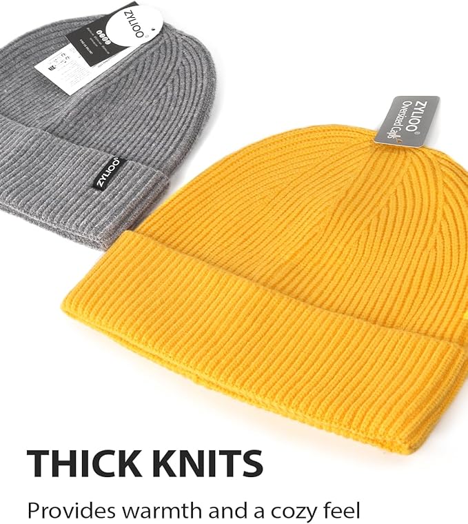 Zylioo Oversize Beanie Hats, XXL Big Size Ribbed Knit Cuffed Winter Hat for Cold Weather, Warm Skull Watch Cap